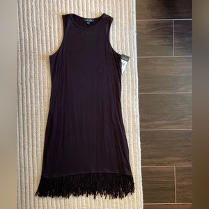 Ralph Lauren black stretch midi dress with fringe, Womens size XS, NWT